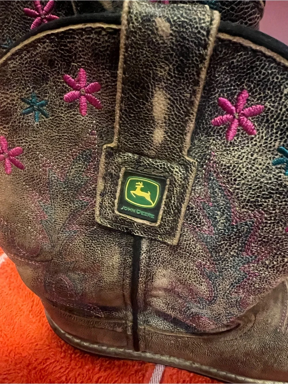 John Deere Brown Kids Western Boots with Pink & Teal Flower Embroidery